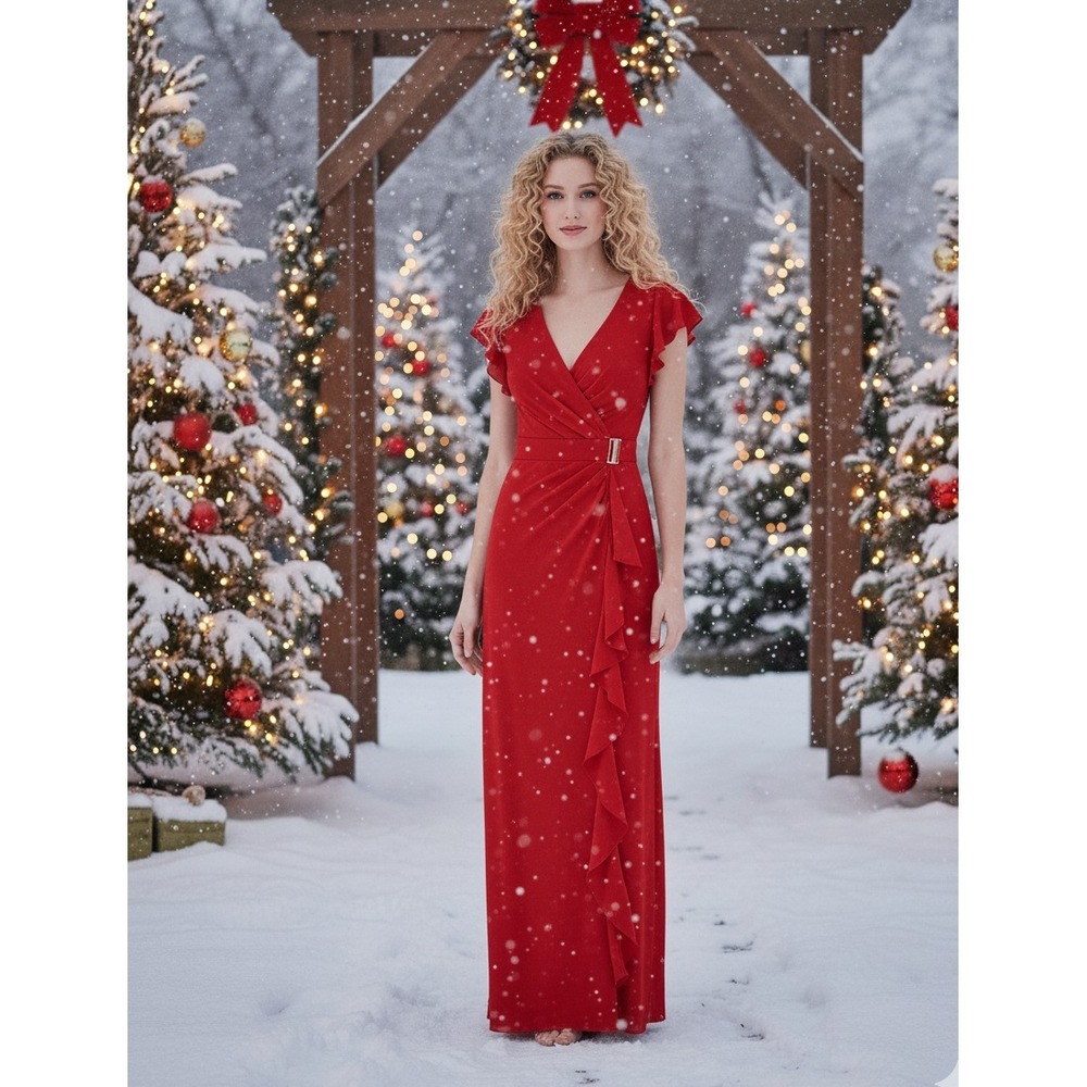 LRL Ralph Lauren Ruffle Flutter Sleeve Surplice Gown Womens 16 Holiday Red Dress